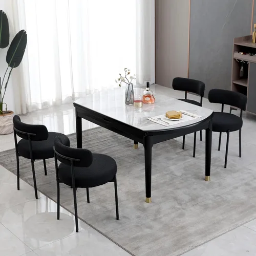 Vista 8 de DYHOME - Juego de 2 sillas de comedor de bouclé negro, sillas de cocina modernas de mediados de siglo con respaldo curvo y patas de metal, sillas