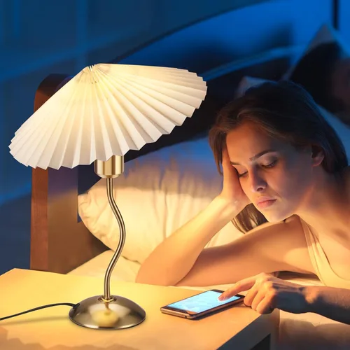 Vista 6 de Lámpara de mesa plisada pequeña, lámpara de mesita de noche para dormitorio, lámpara de luz de noche con pantalla de tela, mini lámpara Morden, luz