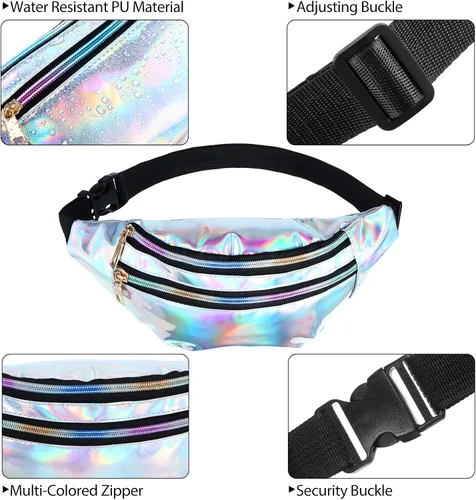 Vista 4 de Riñonera holográfica de 12 piezas para mujeres y niños cintura deportiva de color metálico paquete de cintura brillante con 3 bolsas y cinturones