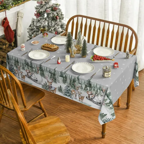 Vista 2 de Horaldaily Mantel de Navidad Rectangular de 52×70 Pulgadas, Ciervos Muñeco de Nieve Árboles Gris Cubierta de Mesa Lavable para Fiesta Pícnic