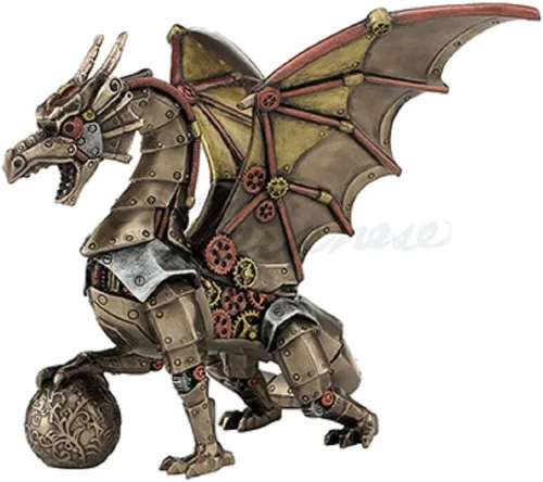 Vista 2 de Unicorn Studio Steampunk Mecánico Engranaje Dragón Sentado Sosteniendo Esfera Estatua Escultura Bronce