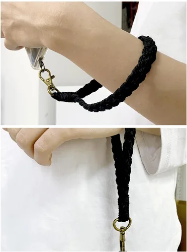 Vista 2 de Correa de muñeca para teléfono estilo boho macramé, cordón para teléfono celular con pestaña de anclaje, llavero con dije para muñeca, cadena
