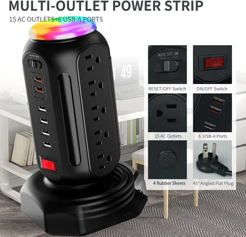 Vista 2 de Torre de tira de alimentación con luz nocturna colorida, 15 tomas de CA y 6 puertos USB de carga rápida, cable de extensión retráctil con múltiples
