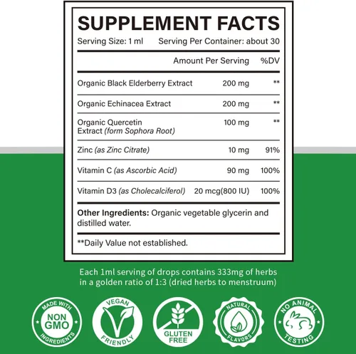 Vista 6 de Zinc Quercetina Vitamina C D3 Líquido de apoyo inmunológico con equinácea orgánica saúco, suplemento de gotas de defensa inmunológica para adultos