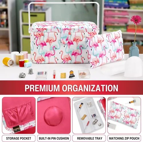 Vista 2 de SINGER Cesta de aparejos grande de alta calidad, estampado de flamenco pastel con kit de costura de viaje de emergencia y bolsa con cremallera a