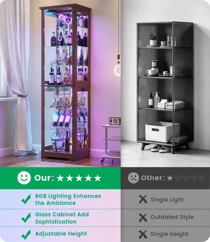 Vista 10 de 71“ Tall Bar Cabinet with RGB Lights & Glass Doors, 7-Tier, Wood