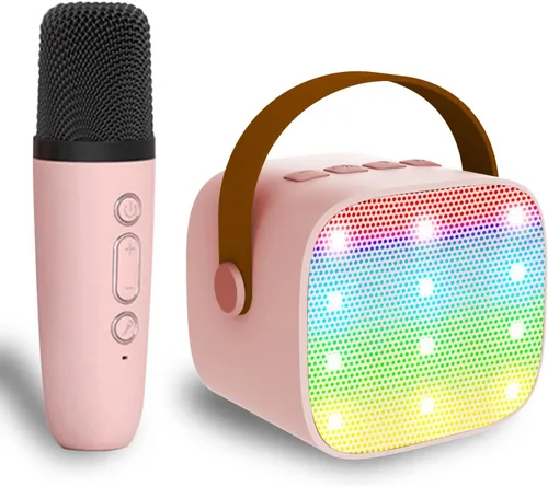 Vista 15 de Mini máquina de karaoke para niños y adultos, juguetes para niños y niñas, regalos para niñas y niños, altavoz Bluetooth con 2 micrófonos Beige