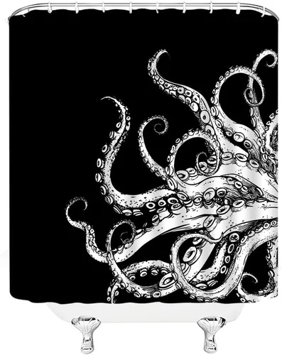 Vista 4 de Cortina de ducha de tentáculo de pulpo, diseño de kraken de océano blanco y negro, divertido animal náutico, vida marina, fresco, moderno, único