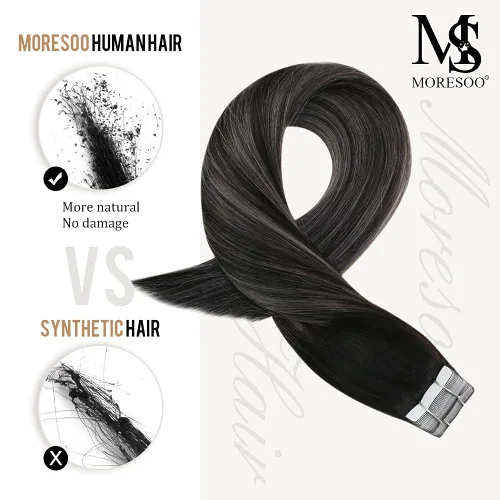 Vista 6 de Moresoo - Extensiones adhesivas de cabello negro de 22 pulgadas, extensiones de cabello Remy #1B/plata/1B y #1B, 1.76 oz + 1.76 oz