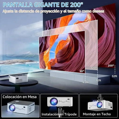 Vista 2 de Proyector Native 1080P con WIFI y Bluetooth, pericat 4K compatible con 230 ANSI Proyector de cine al aire libre con pantalla de 100 pulgadas