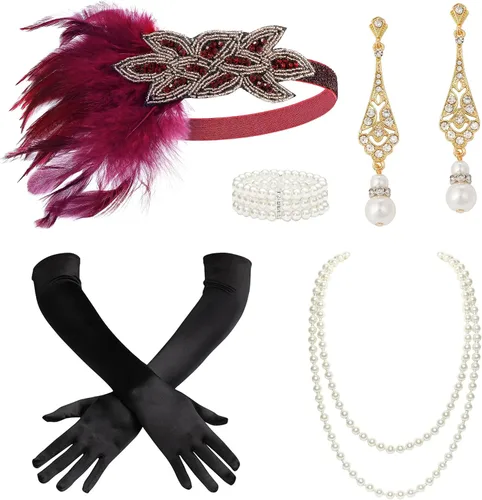 Vista 17 de BABEYOND - Accesorios estilo 1920s, Set de accesorios para disfraz Gatsby de los años 20s, diadema Flapper, collar de perlas, guantes, soporte