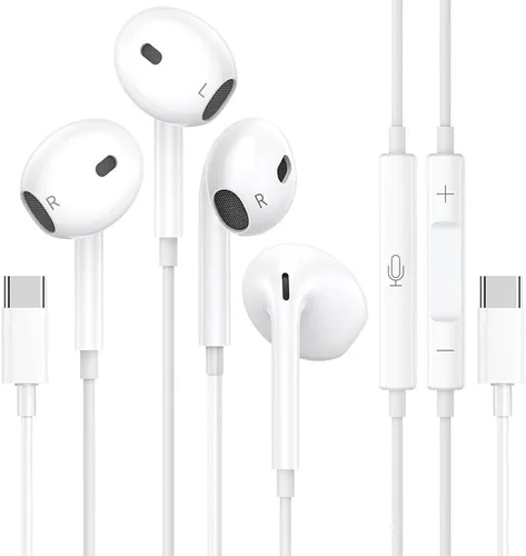 Vista 8 de Paquete de 2 auriculares USB C para iPhone 17 16 15 Pro Max, auriculares tipo C con micrófono y control de volumen, auriculares USB C con cable