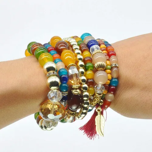 Vista 5 de VONRU - Conjuntos de pulseras bohemias para mujer, 6 juegos de pulseras elásticas apilables multicolor, estilo hippie, joyas finas