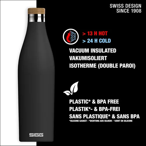 Vista 3 de SIGG - Botella de agua aislada - Meridian Black - A prueba de fugas y extra delgada - Sin BPA - Sin plástico - Acero inoxidable 18/8 - Doble pared