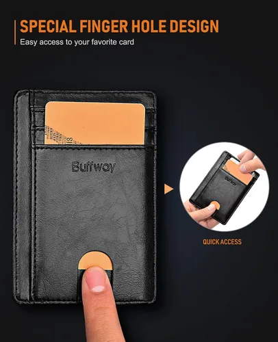 Vista 3 de Buffway - Billetera delgada minimalista de cuero con protección RFID para hombre y mujer, negro (Alaska Black)