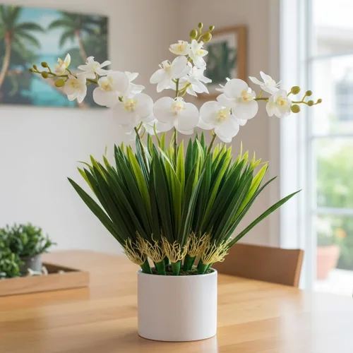 Vista 5 de HomeSoGood 4 hojas de orquídea artificial de 12 pulgadas, plantas