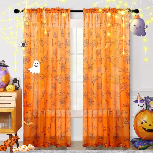 Vista 2 de Cortinas de Halloween para sala de estar, cortinas traslúcidas naranjas de 84 pulgadas de largo, 2 paneles de decoración de Halloween para el hogar