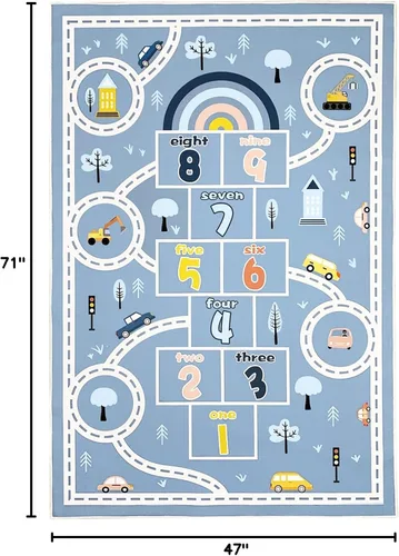 Vista 2 de Alfombra de juego para niños de 4 x 6 pies y alfombra de auto Hopscotch – Alfombra grande azul lavable para aula y preescolar para niños en edad