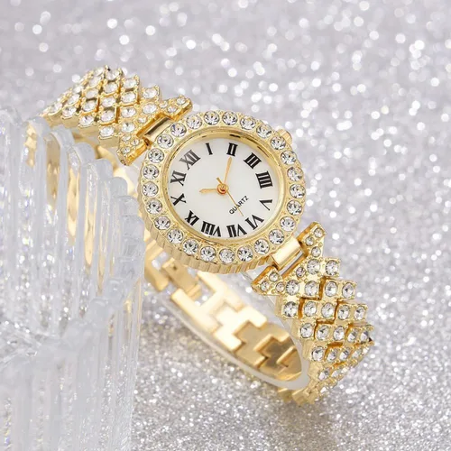 Vista 6 de Señora elegante reloj de cuarzo con esfera pequeña con reloj de pulsera de diamantes conjunto vestido relojes de pulsera Dorado