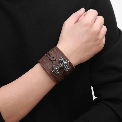 Vista 3 de HZMAN Mjölnir - Pulsera de piel auténtica para hombre, diseño gótico, ajustable, estilo gótico