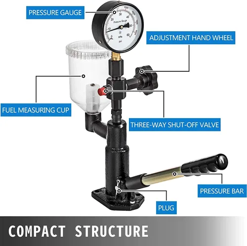 Vista 4 de Probador de inyector de combustible diesel, tubos y medidor de doble escala, 400 bares/6000 PSI Opening Pressure Testing, Leakage Detection, Spray