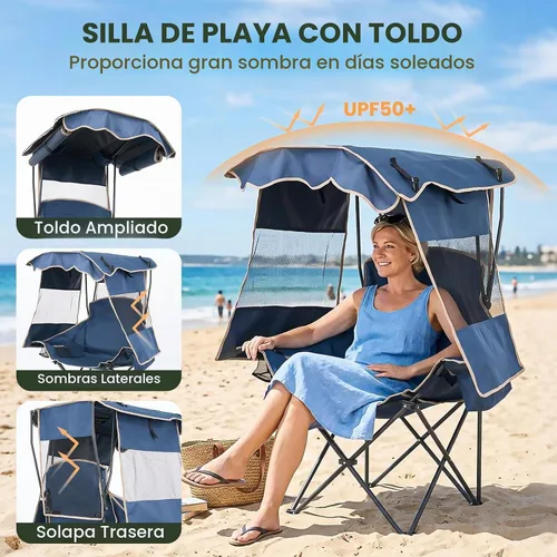 Vista 3 de DoCred Silla de playa con toldo plegable, portátil y plegable, con bolsa enfriadora y soporte para tazas, tumbonas de playa reclinables
