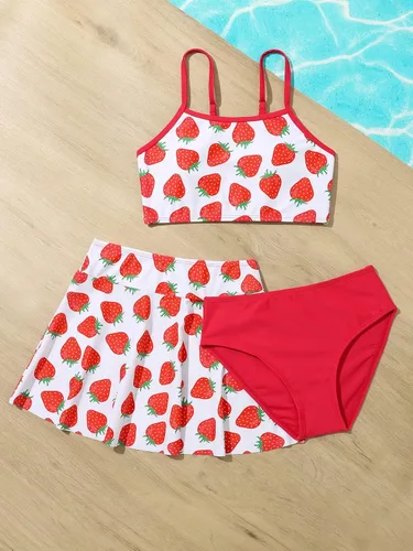 Vista 5 de WDIRARA Bikini de 3 piezas con estampado de fresas para niña, trajes de baño lindos con falda de playa