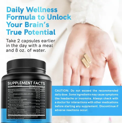 Vista 7 de Suplemento cerebral nootrópico 12 en 1 anhidro: Ginkgo Biloba para apoyo cerebral, memoria y enfoque - B12, Alpha GPC, L Teanina y suplementos