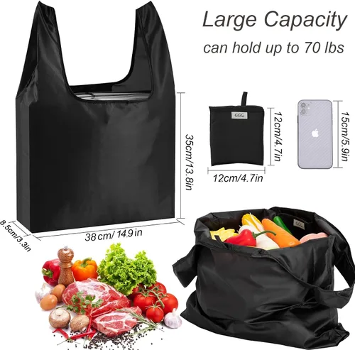 Vista 3 de Bolsas grandes reutilizables para compras, lavables, plegables, paquete de 6 bolsas de comestibles, resistentes, ligeras, plegables, bolsas