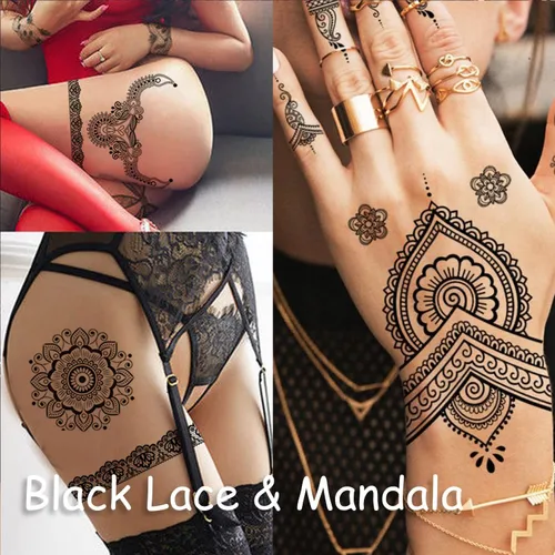 Vista 6 de 6 hojas de tatuajes temporales de henna negra para mujeres y niñas, calcomanías de tatuaje falsas de encaje, misterioso, sexy, mandala, flor, diseño