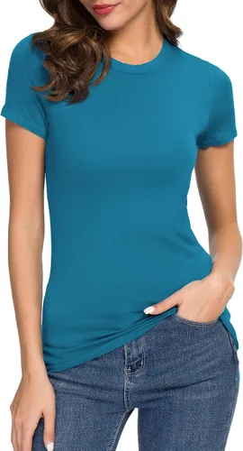 Vista 23 de Camiseta de mujer con cuello redondo, manga corta, ajustada, elástica, básica, de Urban CoCo Negro