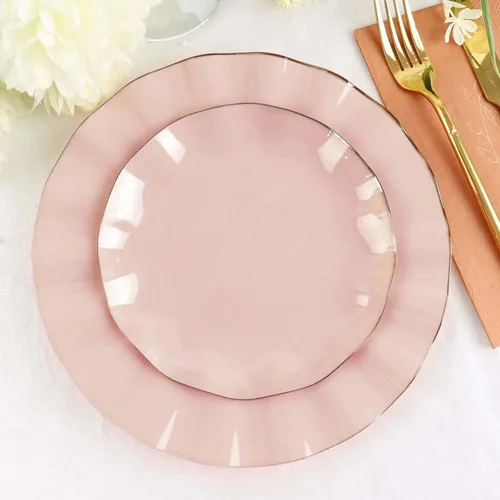 Vista 75 de Tableclothsfactory Paquete de 10 platos redondos de plástico negro de 6 pulgadas para ensalada de postre, platos desechables con borde ondulado