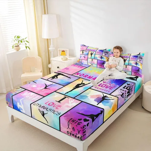 Vista 28 de Sábana bajera ajustable de ballet para niñas, juego de ropa de cama de ballet para danza de ballet, sábanas de cama con rayas geométricas onduladas