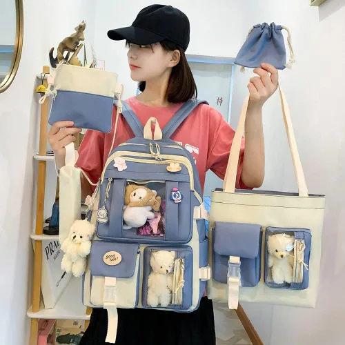 Vista 2 de JQWSVE Mochila Kawaii con pin Kawaii y accesorios juego de 5 unidades bonita mochila estética bolsas escolares para adolescentes Azul Viajar