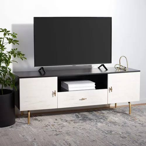 Vista 2 de SAFAVIEH Genevieve - Soporte de TV para pantalla plana de hasta 65 pulgadas, acabado lavado en blanco y negro, gabinete de almacenamiento moderno