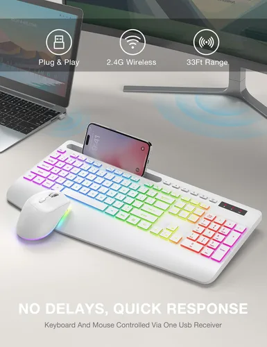 Vista 8 de SABLUTE Combo de teclado y mouse inalámbricos, 9 efectos retroiluminados, reposamuñecas, soporte para teléfono, teclados ergonómicos sin retrasos