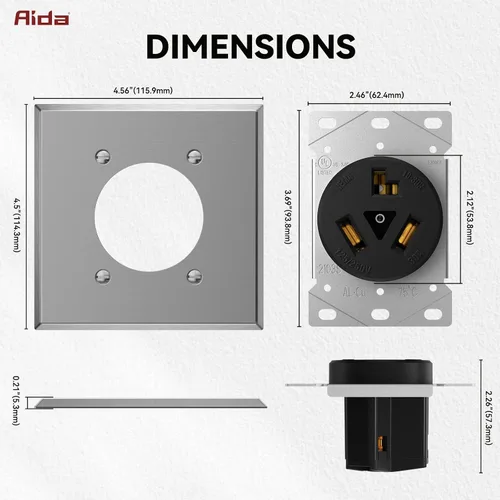 Vista 7 de AIDA NEMA10-30R Receptáculo de alimentación de montaje empotrado con placa frontal de acero inoxidable de 2 cuadras, toma de corriente de hoja recta
