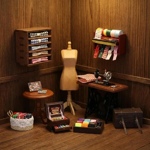 Vista 4 de Accesorios para casa de muñecas, kit de herramientas de costura en miniatura, accesorios para sala de coser, cesta de costura, modelo de simulación