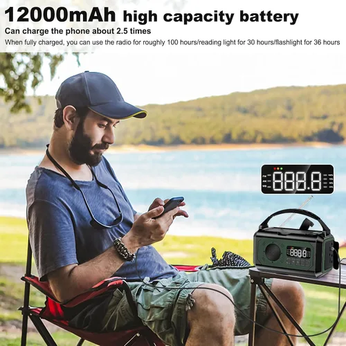 Vista 5 de Radio de emergencia de 44400 mWh/12000 mAh, radio solar portátil con manivela AM/FM/NOAA Radio meteorológica con 2 paneles solares, 3 métodos