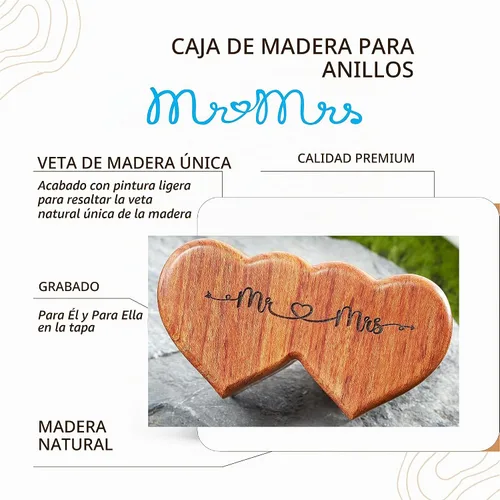 Vista 3 de Handicraftviet Caja para anillos Mr and Mrs – Caja de anillo hecha a mano con forma de corazón para ceremonia de boda, soporte para anillo de boda