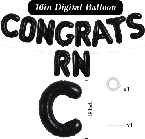 Vista 2 de TONIFUL Decoraciones de graduación de enfermeras 2026, globos negros de felicitaciones RN 2026 de 16 pulgadas RN 2026, pancarta de clase de 2026