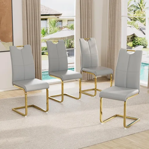 Vista 43 de Juego de sillas de comedor modernas (2 unidades) de piel sintética PU con respaldo alto tapizadas con patas doradas de metal para cocina y comedor