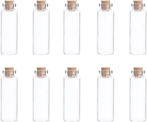 Vista 32 de 25 mini botellas de vidrio con tapas de corcho, 5 formas clásicas, pequeños frascos de vidrio, botellas de deseos, pequeños frascos decorativos