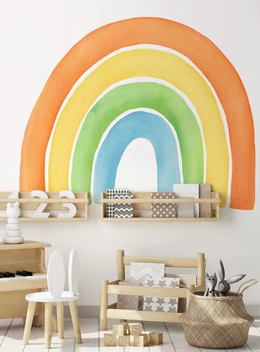 Vista 8 de Vinilo adhesivo para pared, diseño de acuarela, arcoíris, despegar y pegar (pequeño, 29.5 pulgadas de ancho x 24 pulgadas de alto, coral)