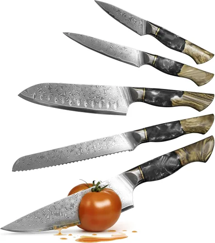 Vista 15 de Cuchillo de cocina de Damasco, acero de damasco de 67 capas, juego de cuchillos de chef profesionales de 13 pulgadas para cocina, mango ergonómico