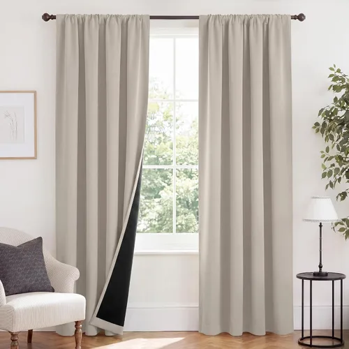 Vista 124 de NICETOWN Biscotti Beige 100% Cortinas opacas de 45" de largo para cocina, bolsillo con varilla para sótano completamente opaco, cortinas térmicas