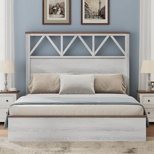 Vista 6 de YITAHOME Marco de cama tamaño completo con cabecera de 47.2'', plataforma de marco de cama de madera rústica con listones, resistente y silencioso