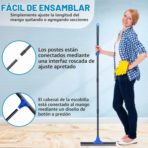 Vista 6 de Escurridor de Piso con Mango Telescópico Largo de 59'', Escoba de Goma Resistente de 18" para Hormigón, Azulejos de Baño, Garaje, Terraza