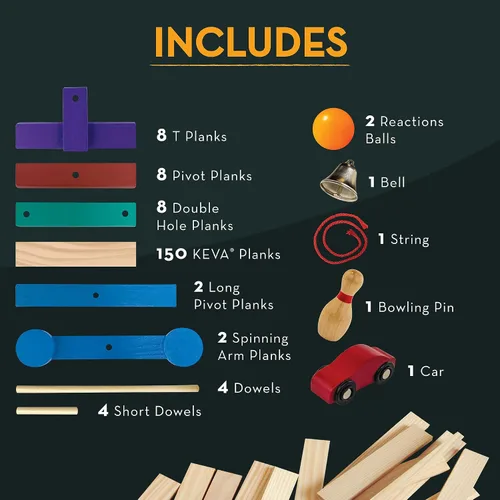 Vista 3 de MindWare KEVA Contraptions Reactions Planks Juguete de construcción – 178 tablas de construcción KEVA (juego de 191 piezas) – Juego de construcción