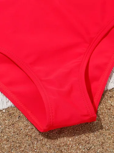 Vista 5 de OYOANGLE Traje de baño de dos piezas para niña, conjunto de bikini con cuello redondo, conjunto de bikini básico sólido